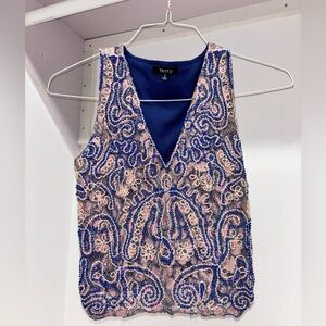 Vintage Verty Beaded Floral Lace Top – Pink, White & Blue – Size Small